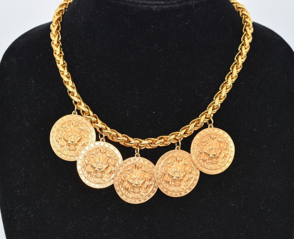 Vintage Gold Chain Coin Lions Charm Designer Runway Statement Choker Necklace